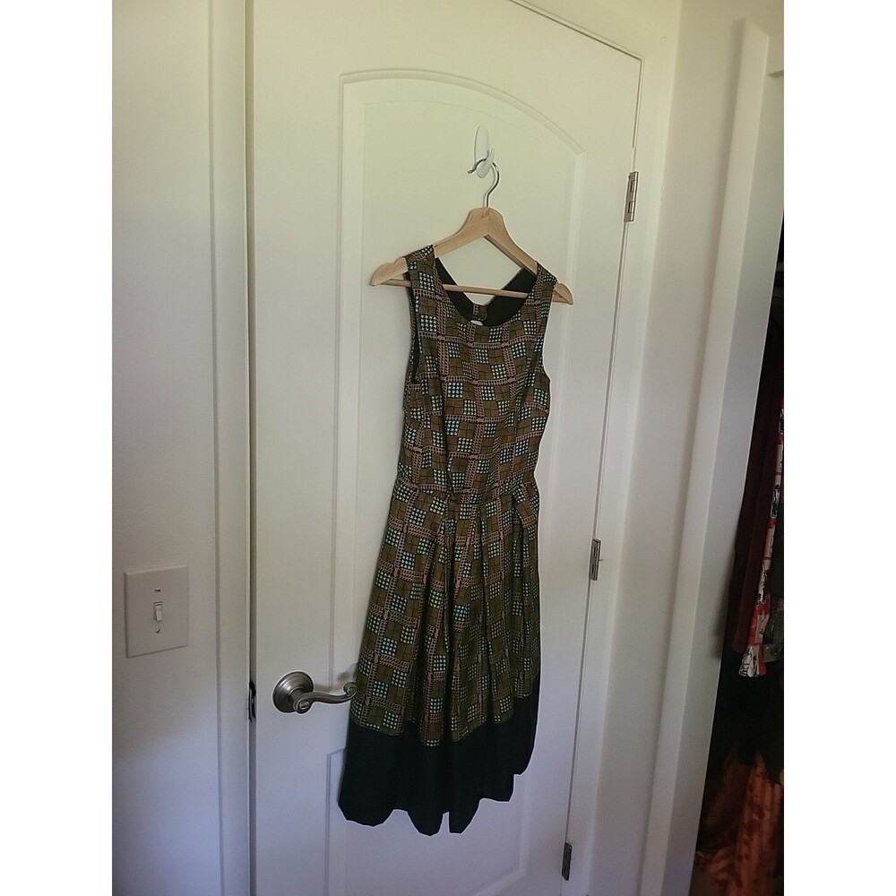 Anthropologie Girls from Savoy Green Blue Geometric Open Back Silk Dress Size 2